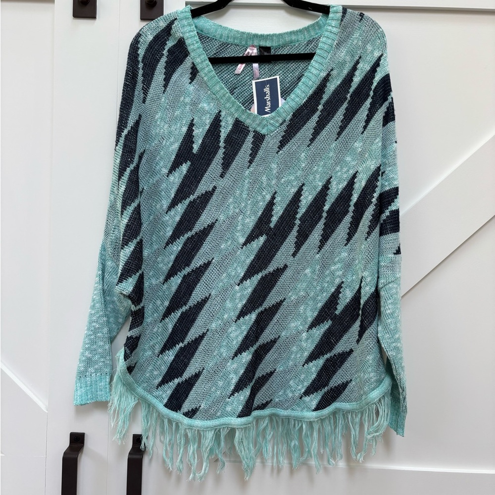Love By Design Blue Zigzag Sweater with Fringe